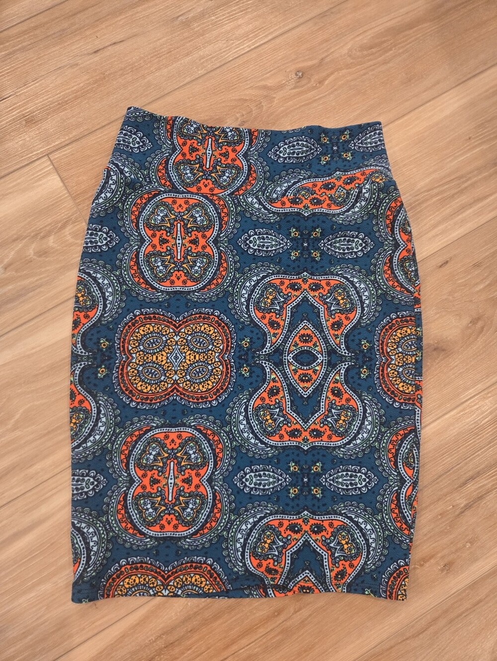 LuLaRoe Blue and Orange Paisley Cassie Pencil Skirt